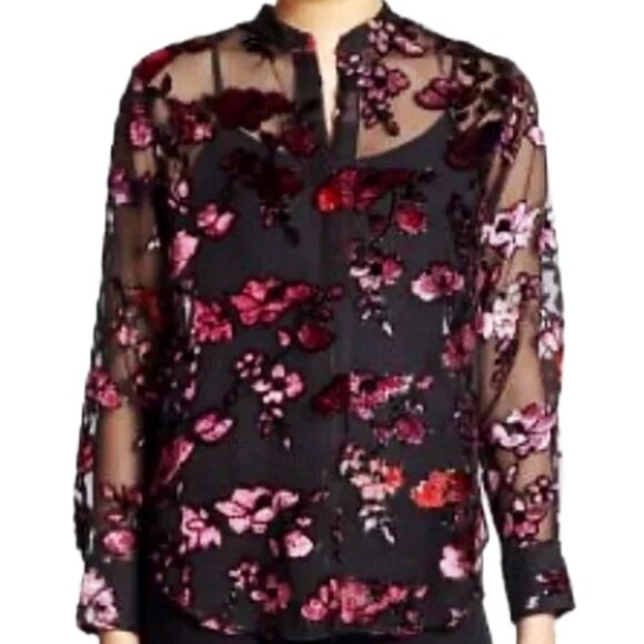 Alice + Olivia Velvet Flocked Sheer Chiffon Designer Blouse XS Black Seen on TV - Picture 7 of 13
